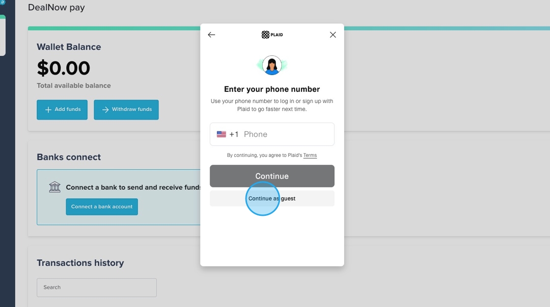 Plaid prompt to enter phone number or continue as guest