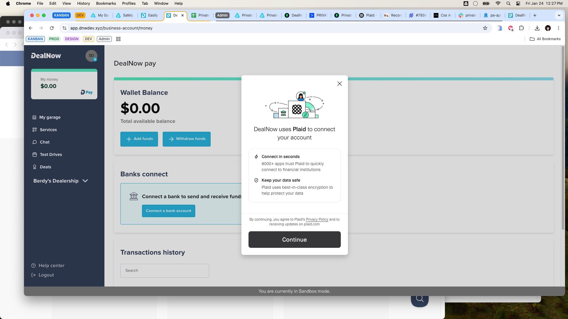 Plaid intro modal with Continue button