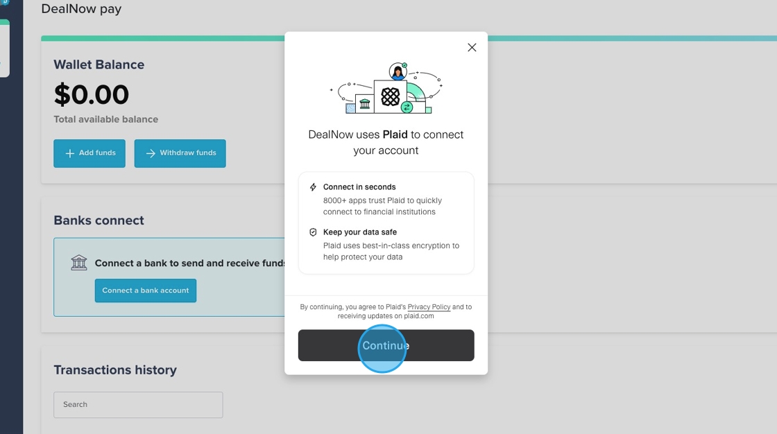 Plaid intro modal with Continue button