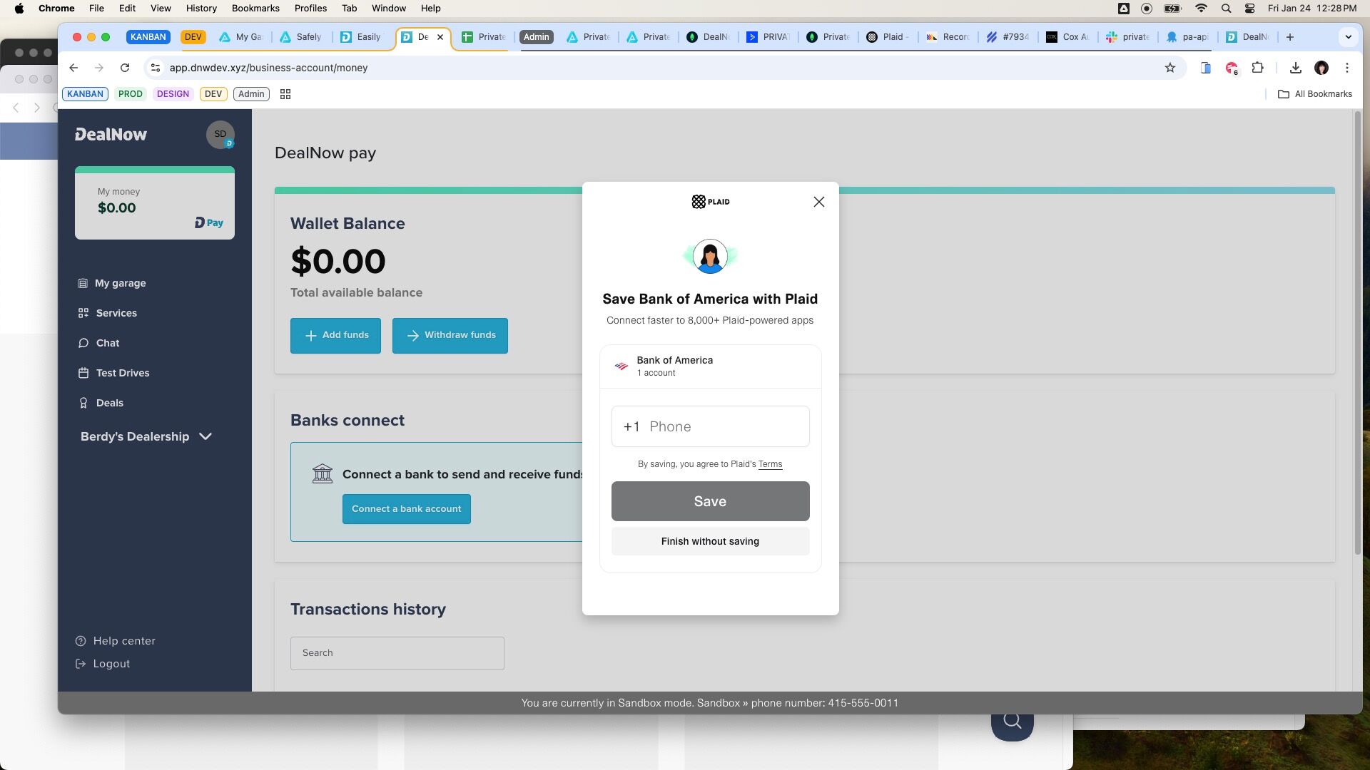 DealNow Pay page showing linked bank card and Add funds button