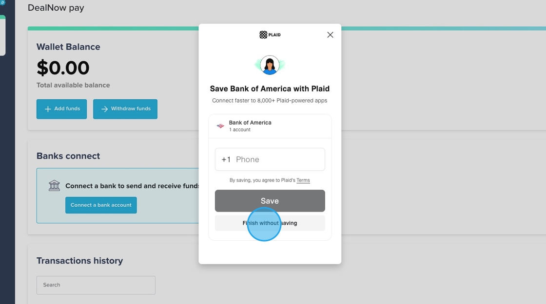 DealNow Pay page showing linked bank card and Add funds button