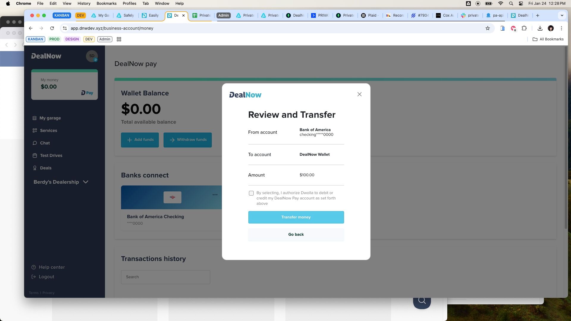 Transactions history table showing a pending wallet deposit with Receipt link