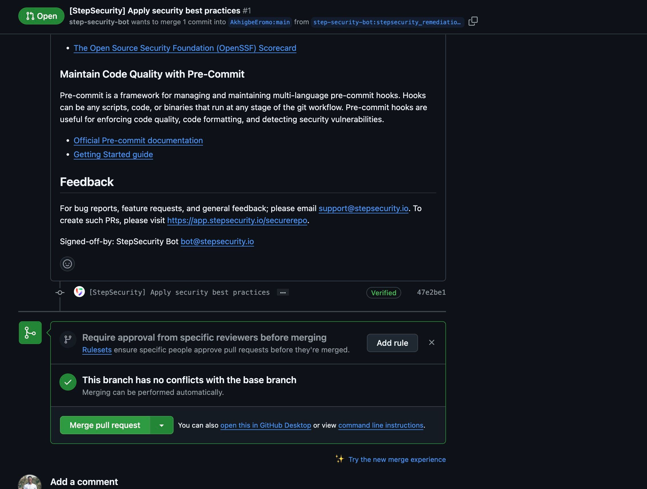 Screenshot of a GitHub pull request review page showing a StepSecurity commit titled ”[StepSecurity] Apply security best practices,” signed off by StepSecurity Bot (bot@stepsecurity.io). The commit is verified with a green label. Below, a merge request panel confirms that “This branch has no conflicts with the base branch,” allowing for automatic merging.