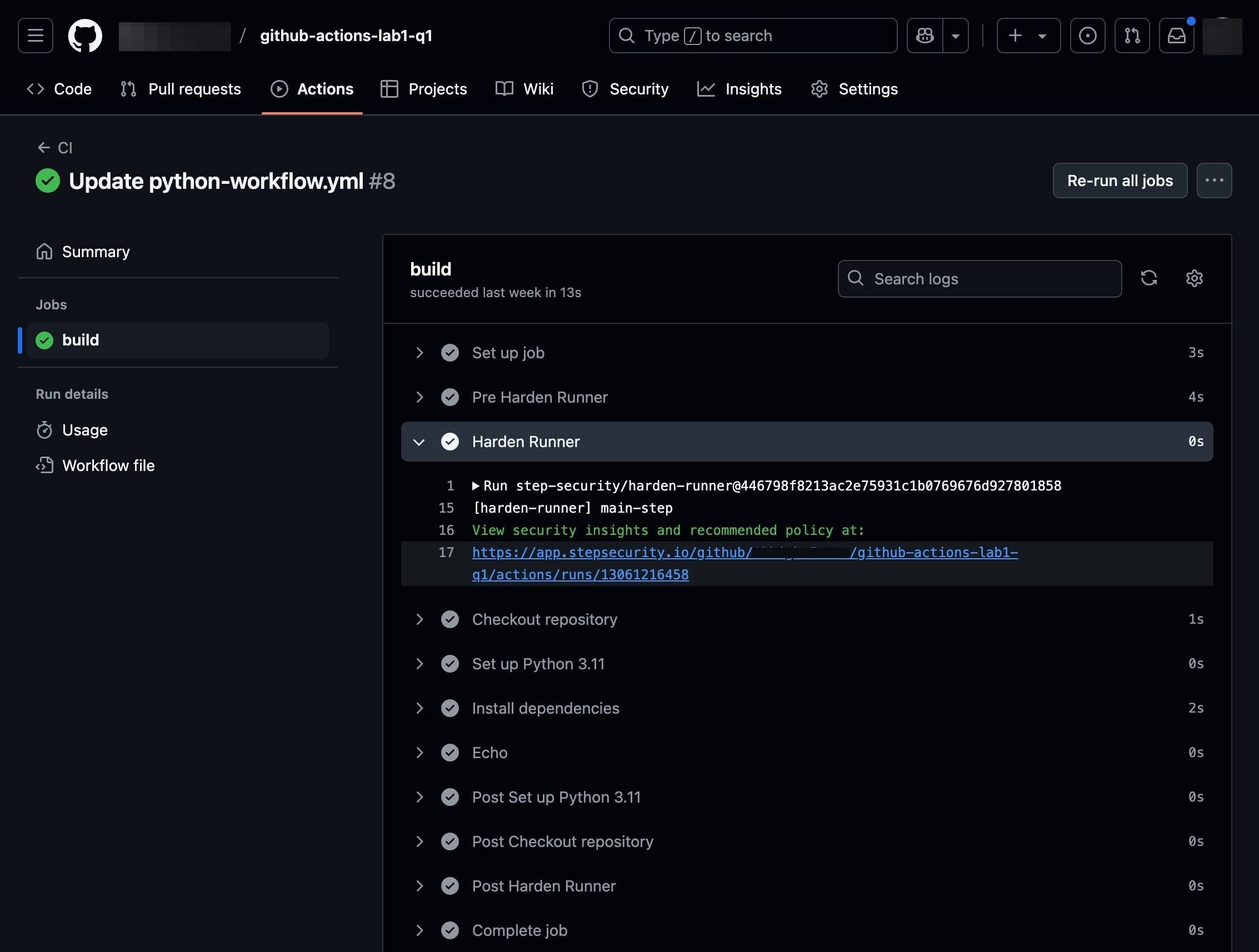 build log showing StepSecurity insights link