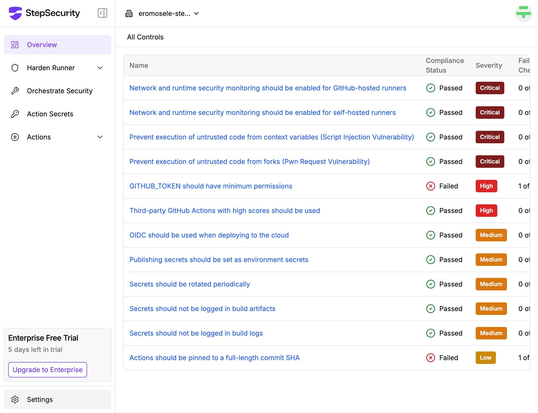 StepSecurity dashboard