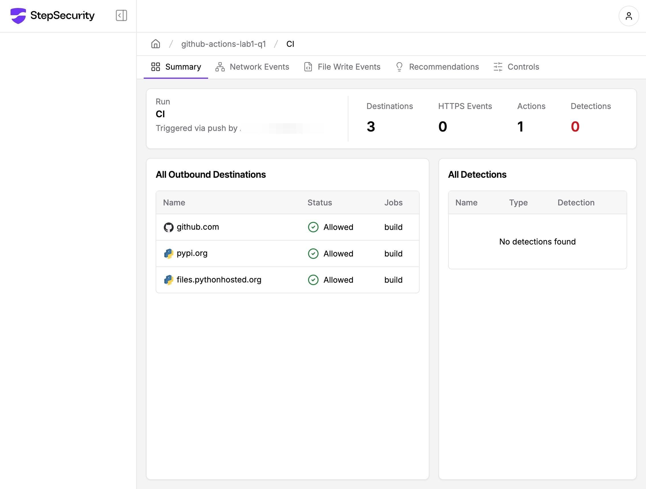 StepSecurity Insights summary page