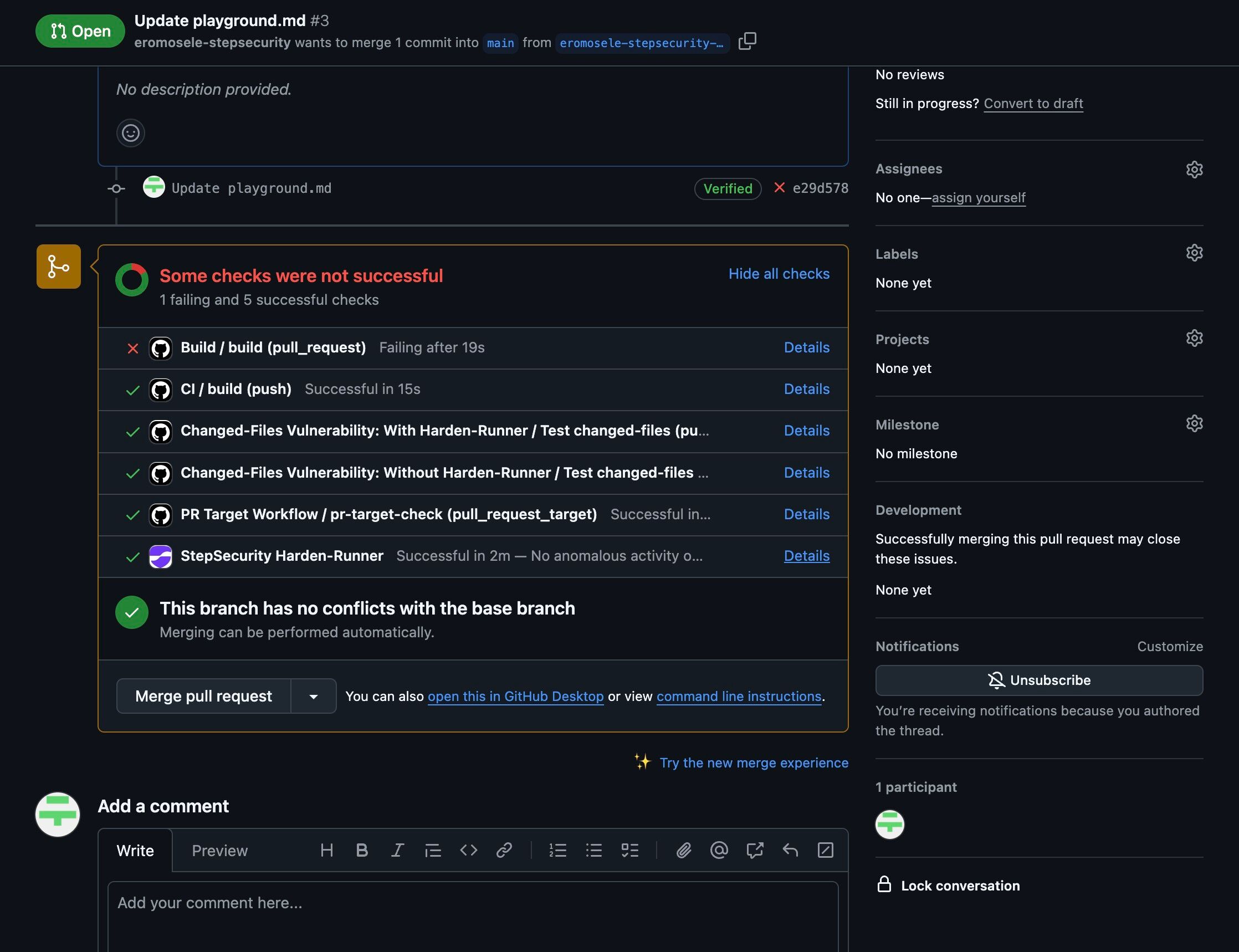 List of GitHub Checks including StepSecurity Harden-Runner check