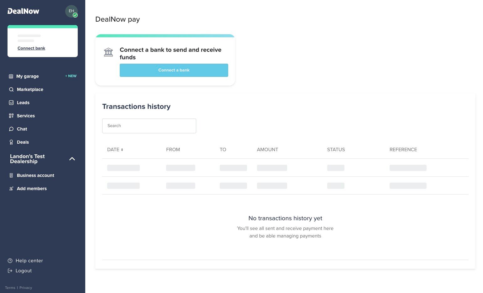 DealNow Pay page with the Connect a bank button highlighted above the Transactions history section.