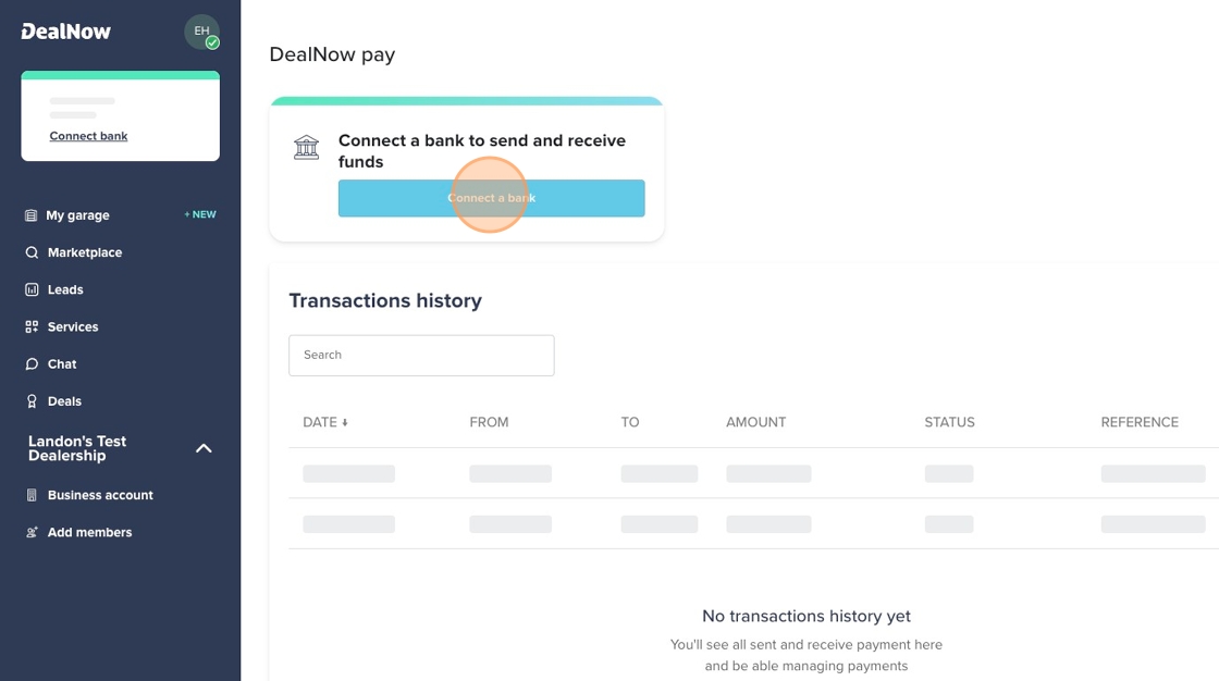 DealNow Pay page with the Connect a bank button highlighted above the Transactions history section.