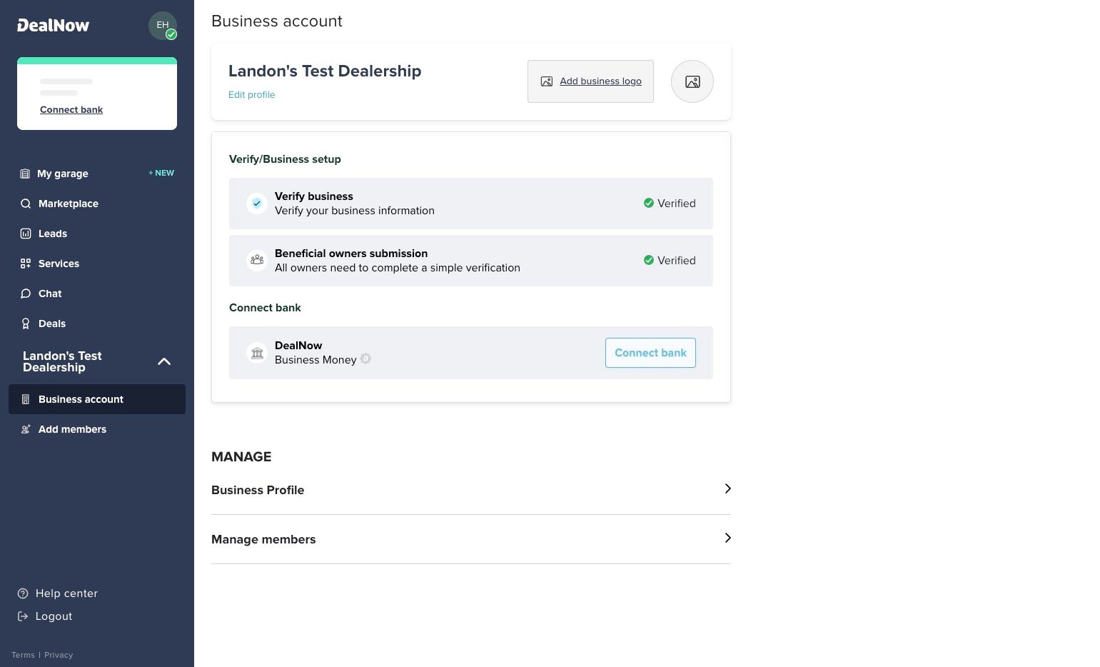 Business account page showing the Connect bank button highlighted under Verify/Business setup section.