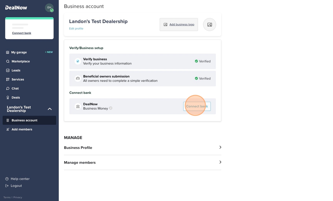 Business account page showing the Connect bank button highlighted under Verify/Business setup section.