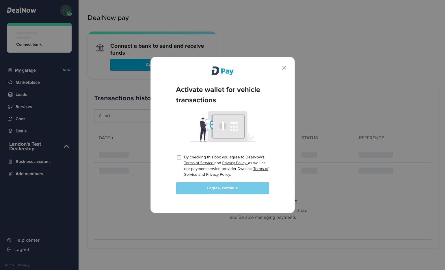 Activate wallet for vehicle transactions pop-up with the agreement checkbox and I agree, continue button highlighted.