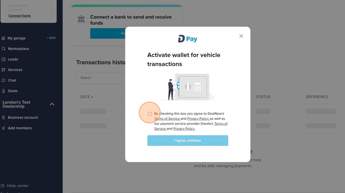 Activate wallet for vehicle transactions pop-up with the agreement checkbox and I agree, continue button highlighted.
