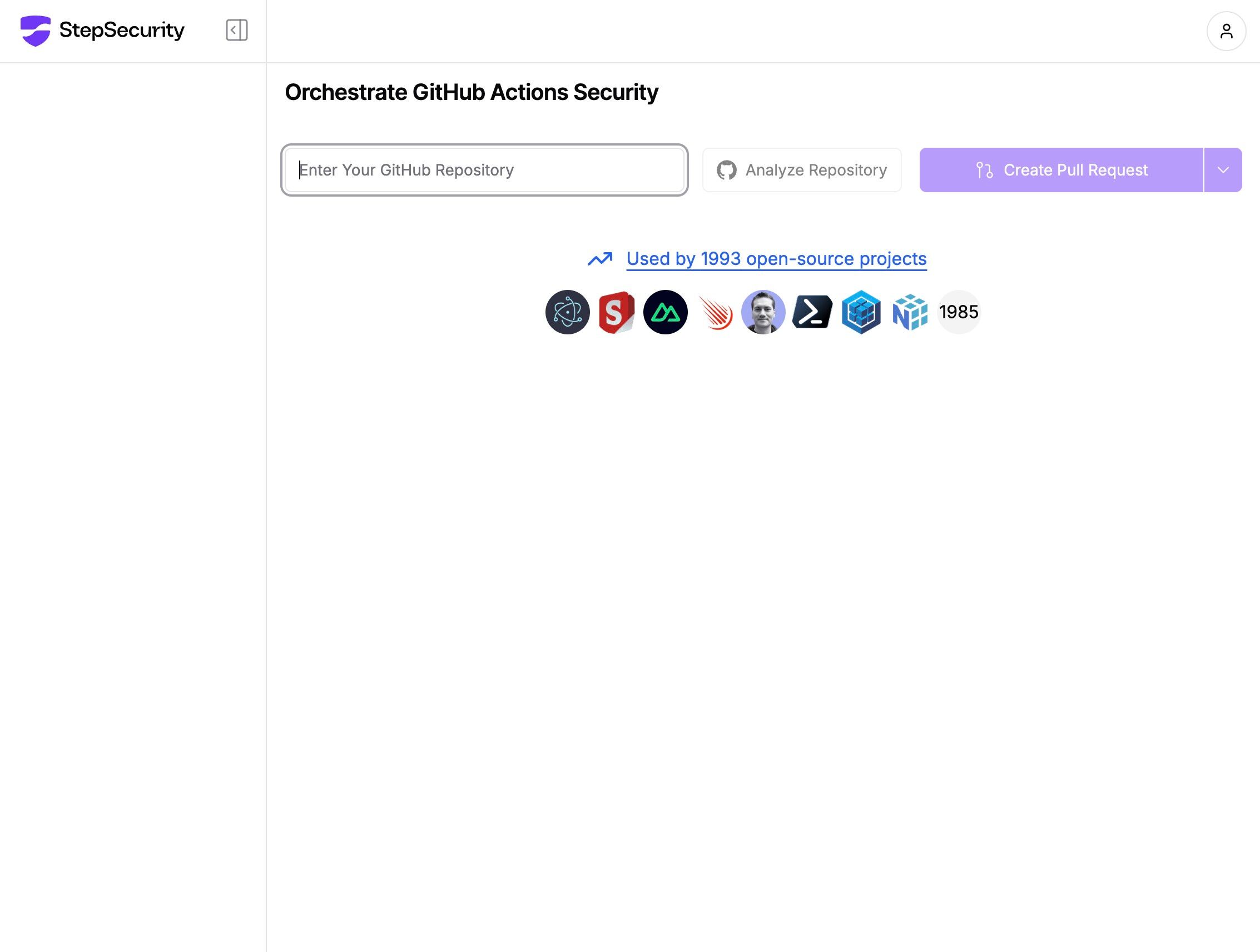 Screenshot of StepSecurity’s GitHub Actions Security Secure Repo, allowing users to analyze and secure their GitHub repositories. The interface features an input field labeled “Enter Your GitHub Repository”, followed by a disabled “Analyze Repository” button and a “Create Pull Request” button in purple.