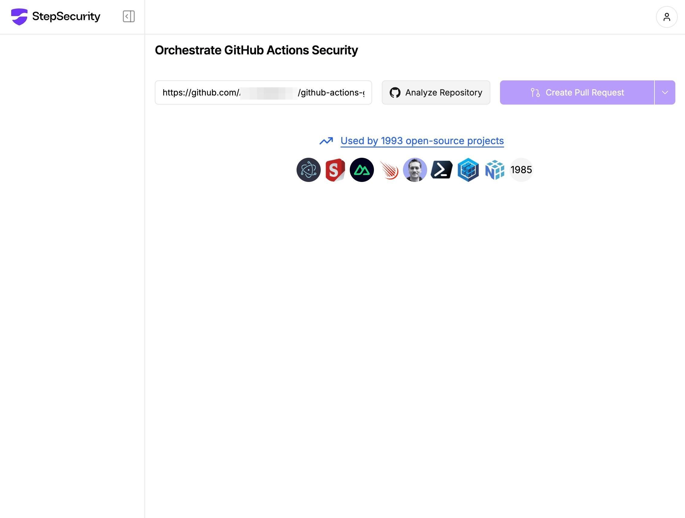 Screenshot of StepSecurity’s GitHub Actions Security Secure Repo, allowing users to analyze and secure their GitHub repositories. The interface features an input field labeled “Enter Your GitHub Repository”, followed by a disabled “Analyze Repository” button and a “Create Pull Request” button in purple.