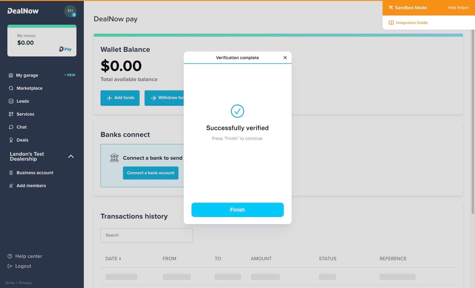 Verification complete pop-up showing Successfully verified message with the Finish button highlighted