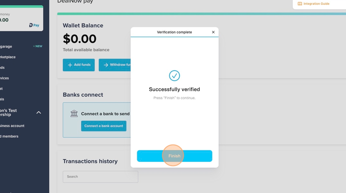 Verification complete pop-up showing Successfully verified message with the Finish button highlighted