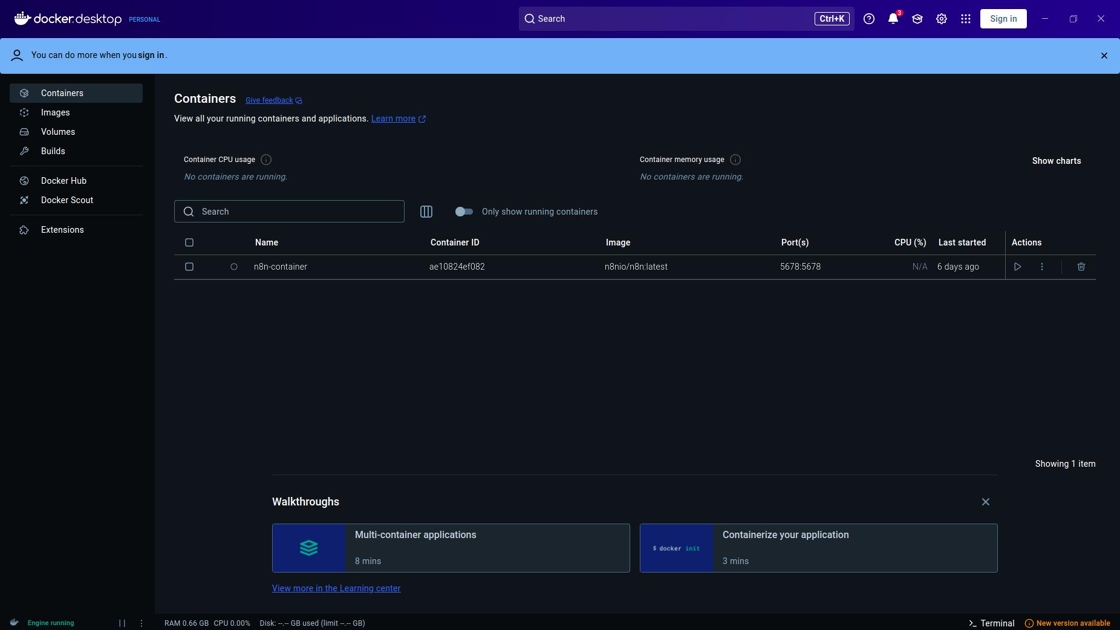 Docker Desktop interface showing the main dashboard