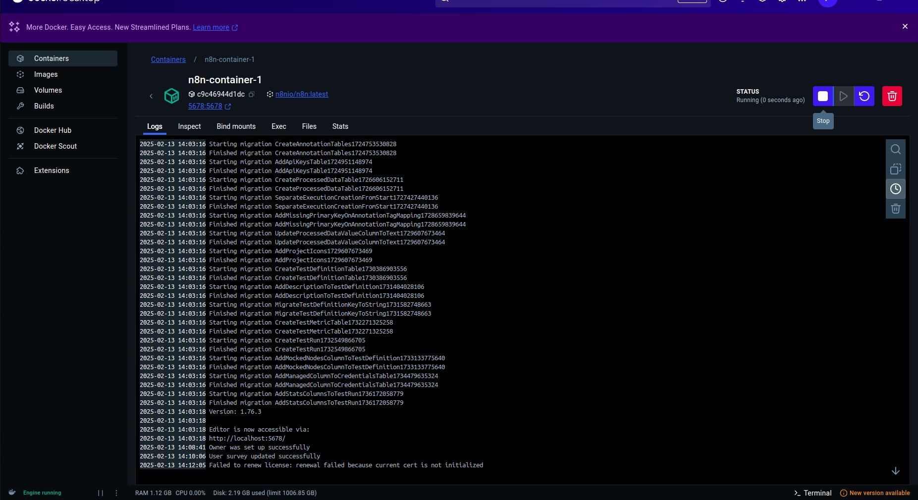 Stopping the n8n container in Docker Desktop