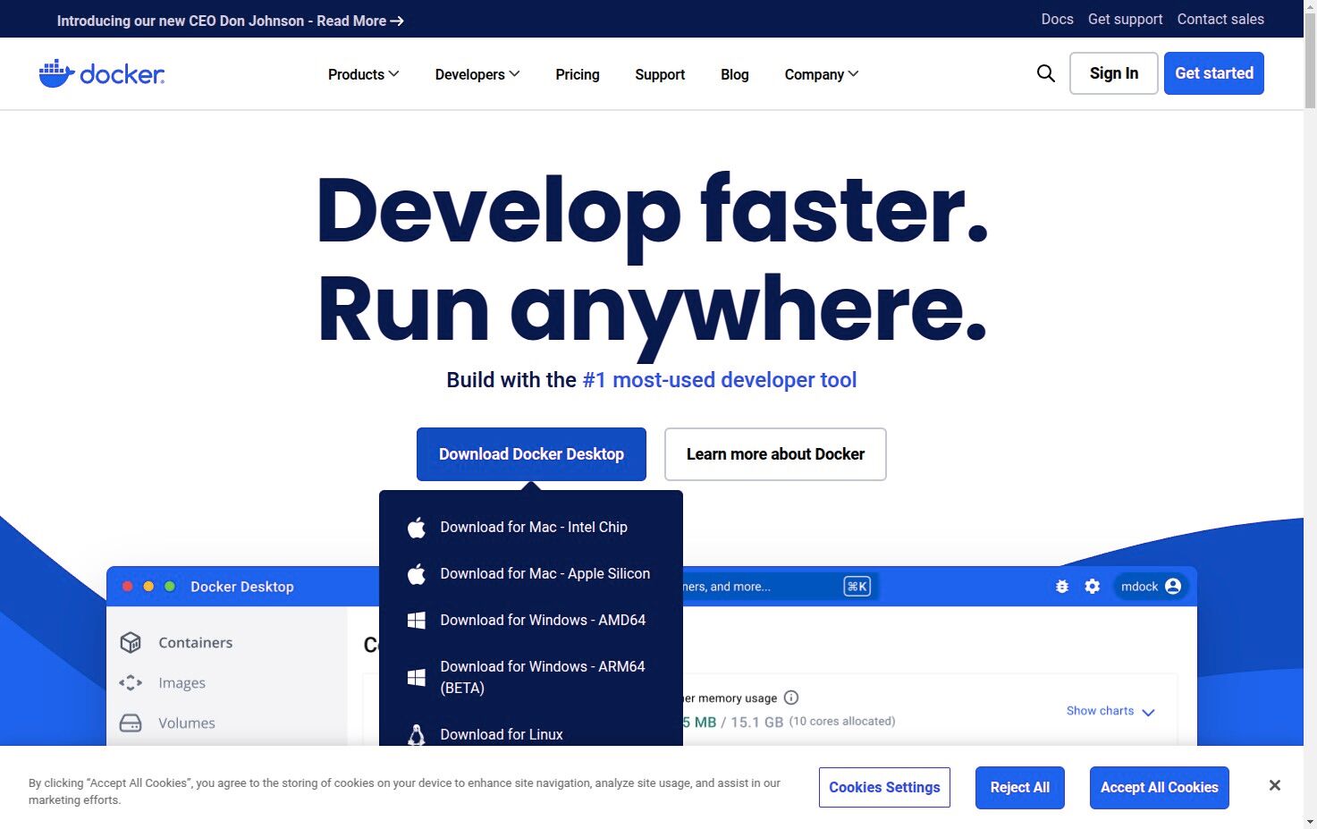 Docker download page showing the main download button