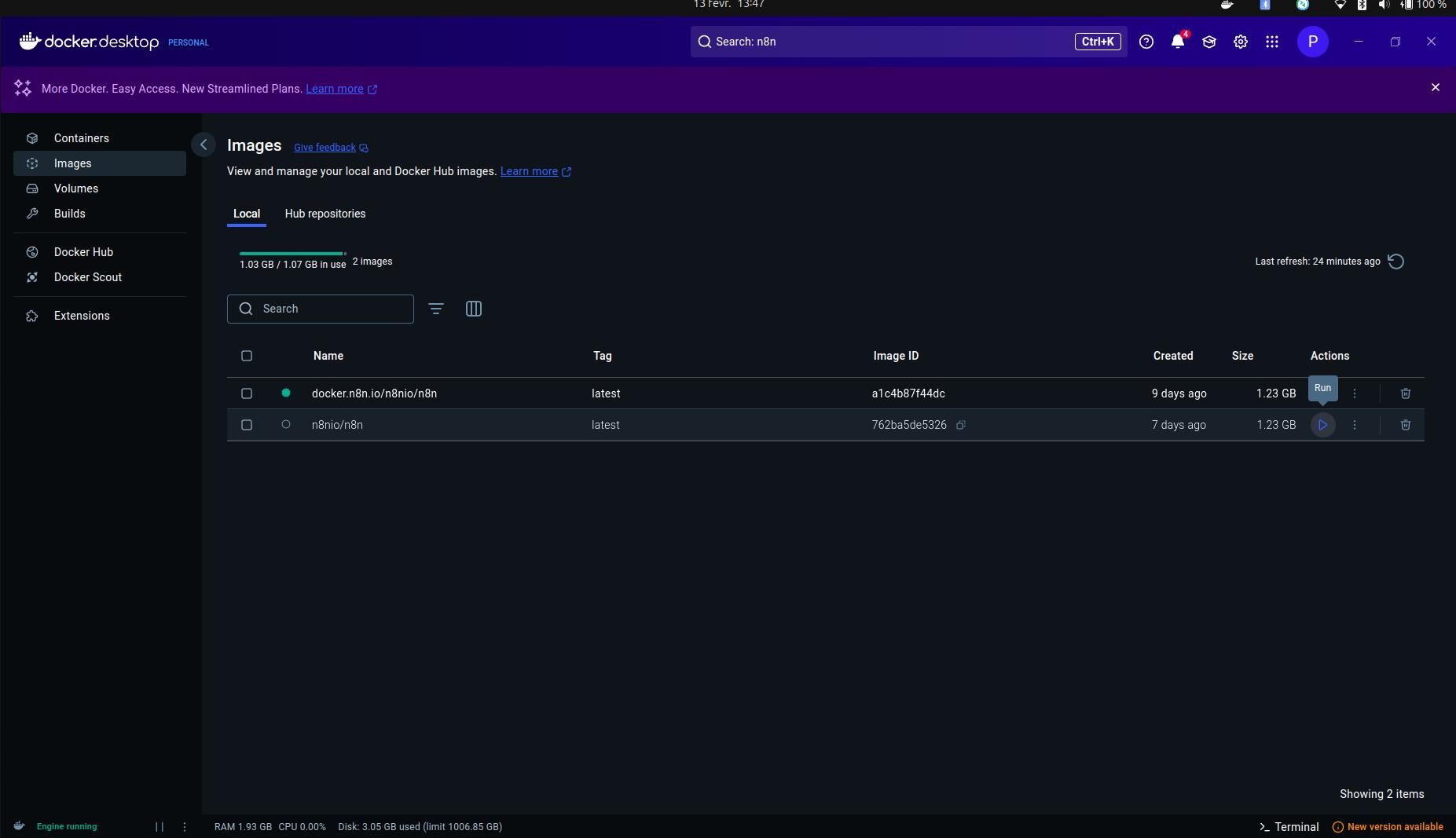 Running the n8n image from the images list