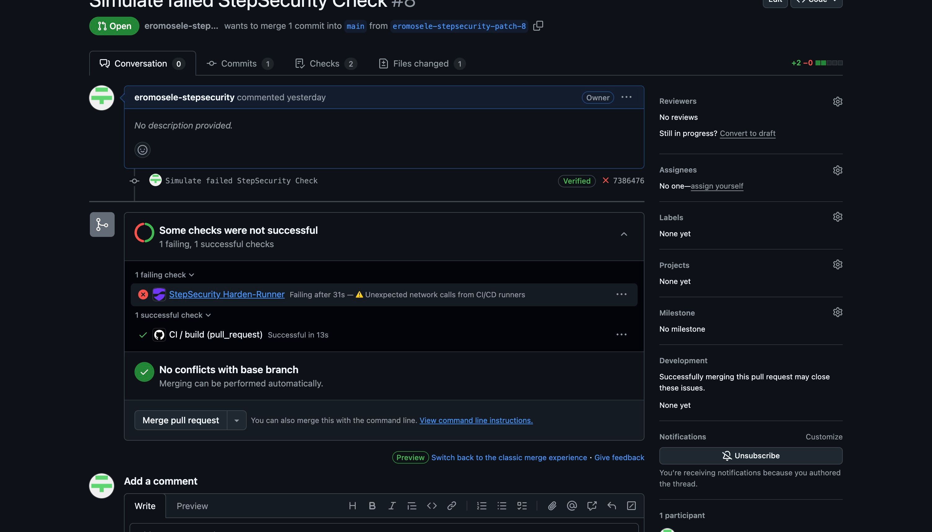 StepSecurity Harden-Runner Check failing in a PR