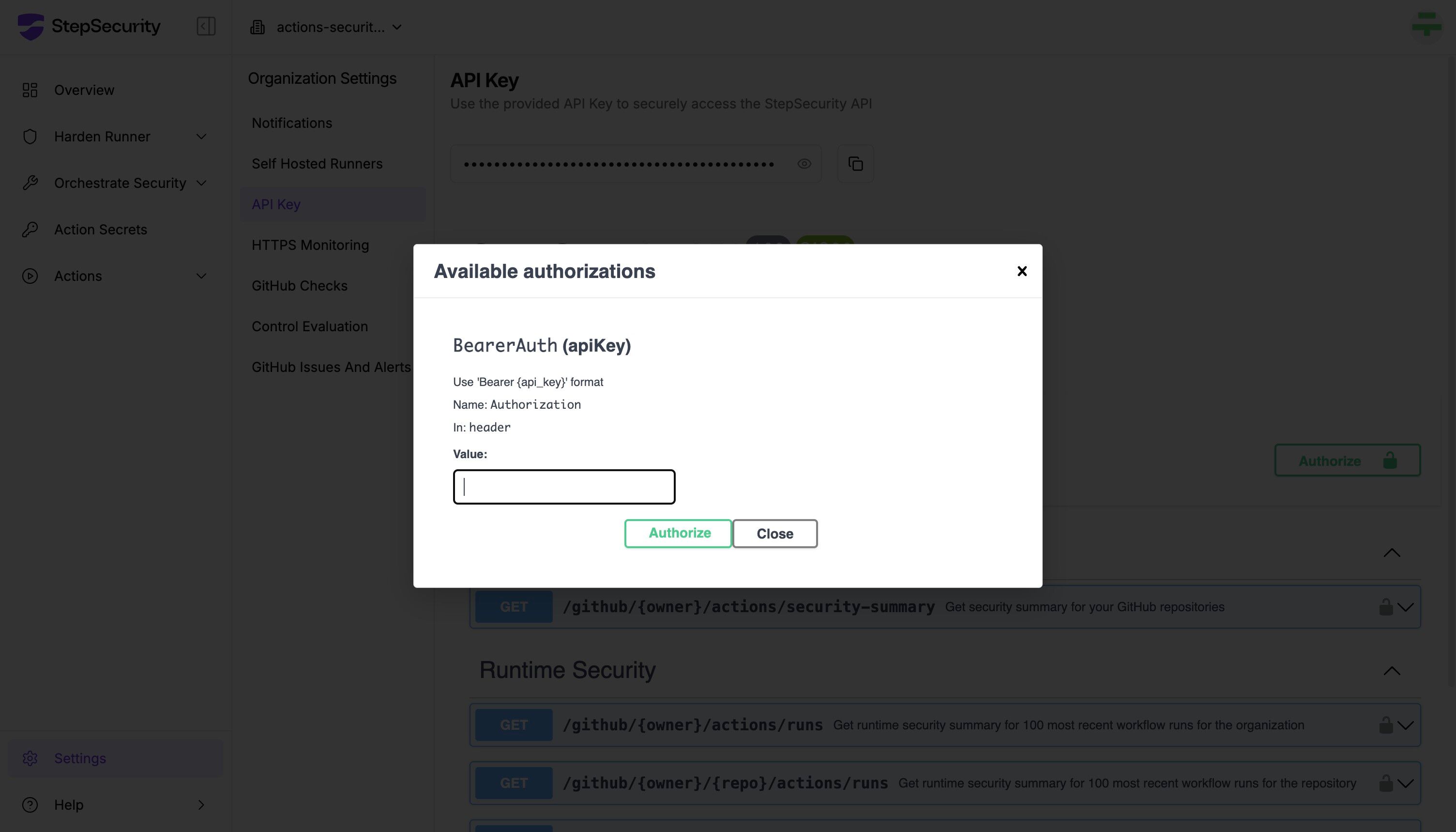 API settings showing Swagger documentation