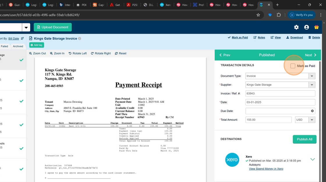 Screenshot showing how to mark document as paid