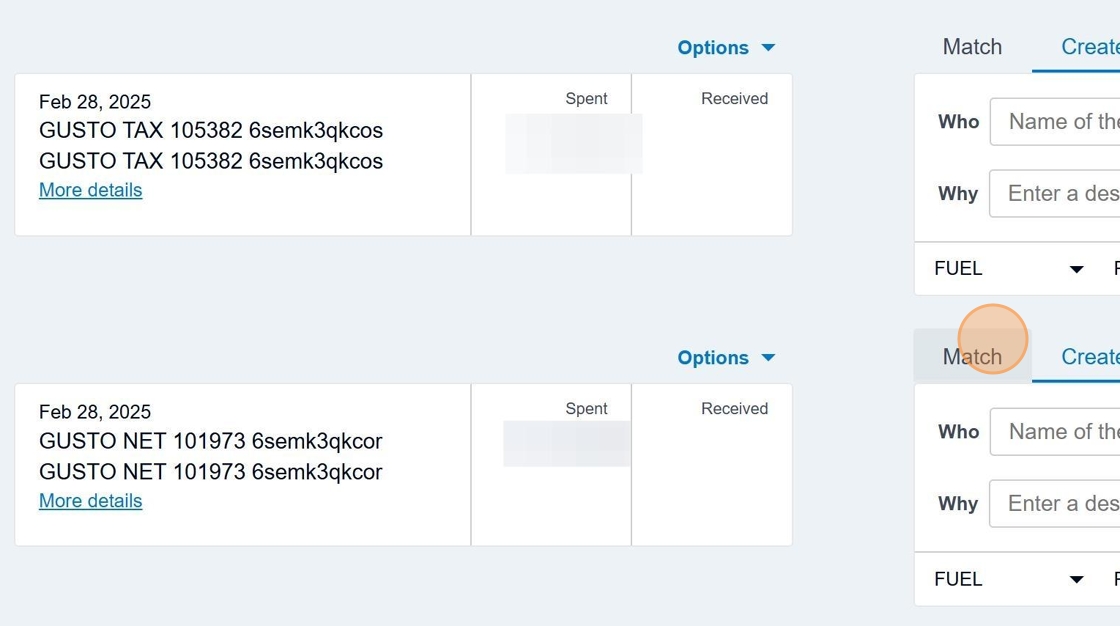 Find a Gusto transaction and click Match