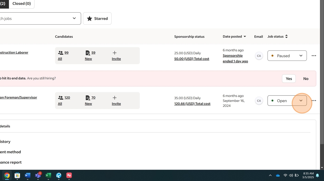 Screenshot showing job listings with Open status dropdown highlighted