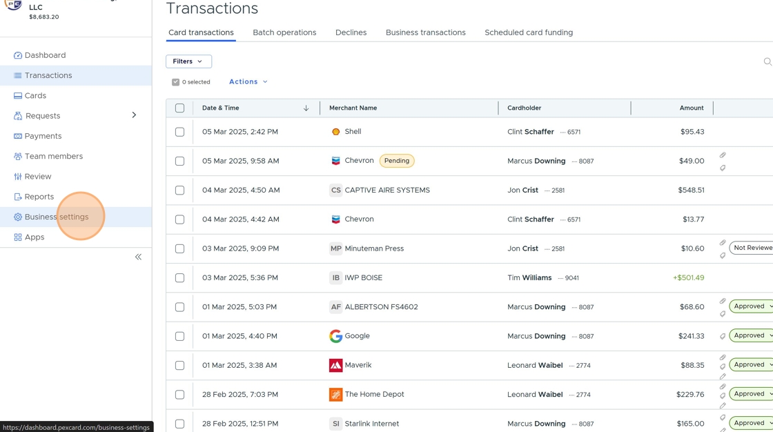 Screenshot of PEX dashboard with Business settings highlighted