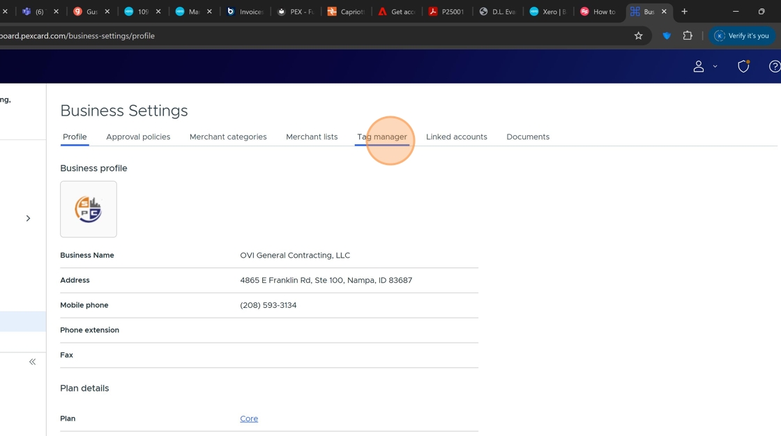 Screenshot showing the Tag manager option in Business settings