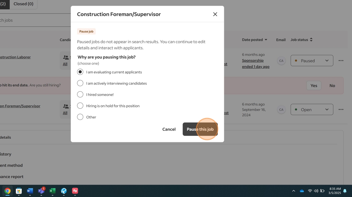 Screenshot showing the Pause this job confirmation button