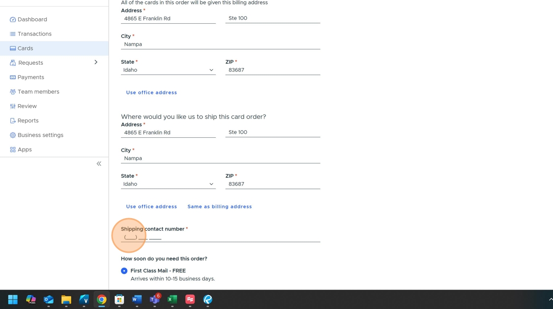 Screenshot showing Shipping contact number field