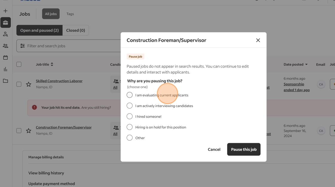 Screenshot showing pause reason selection dialog