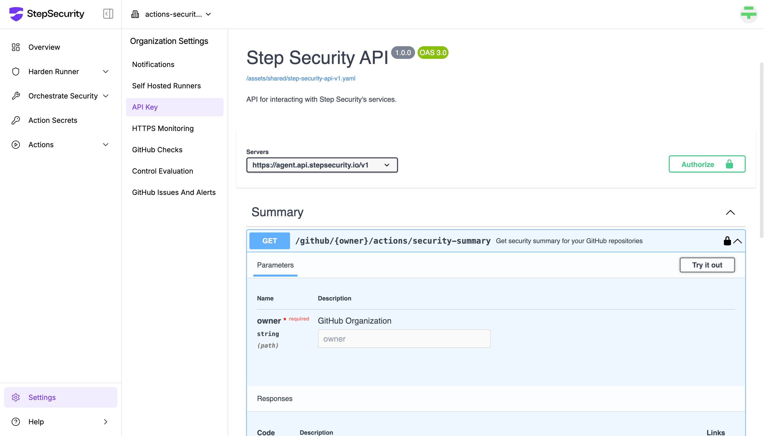 API settings showing Swagger documentation