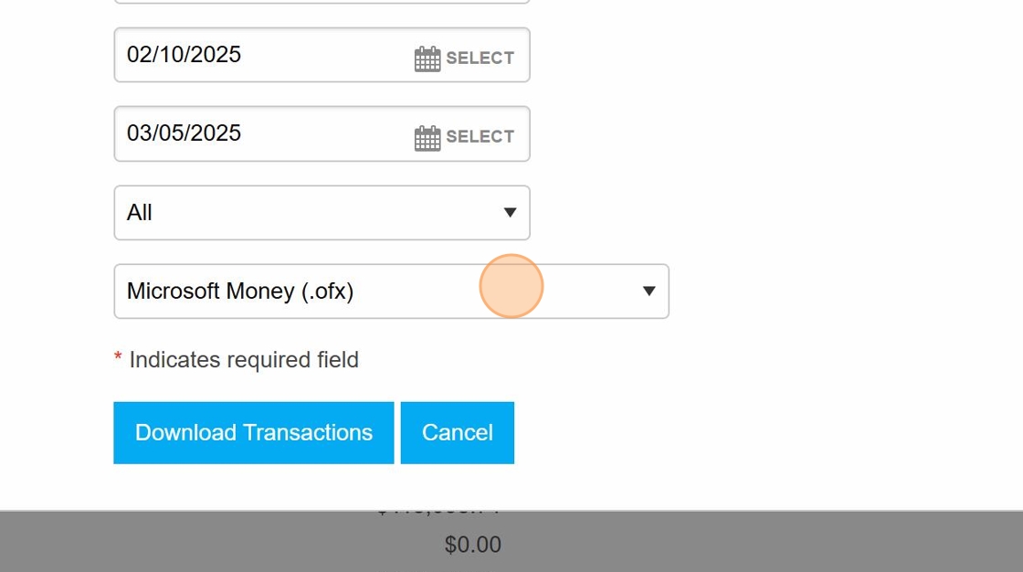 Screenshot showing format selection with Microsoft Money .ofx highlighted