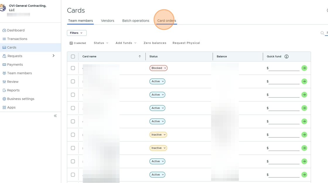 Screenshot showing Card orders option