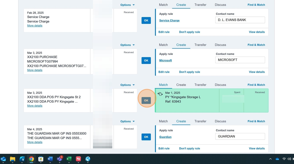 Screenshot showing transaction reconciliation in Xero