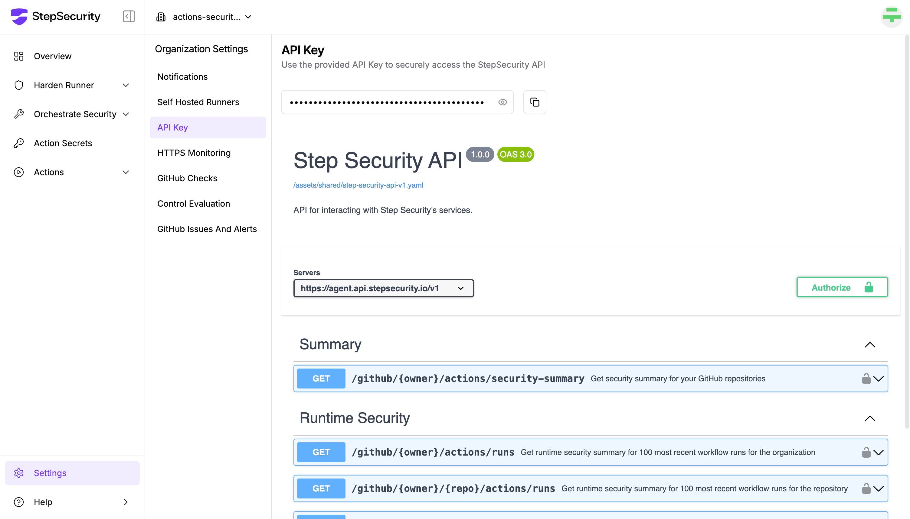 API settings showing Swagger documentation