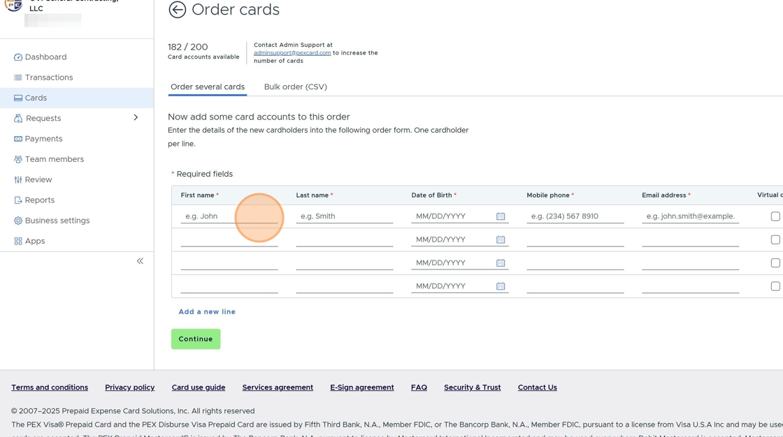 Screenshot of cardholder information form