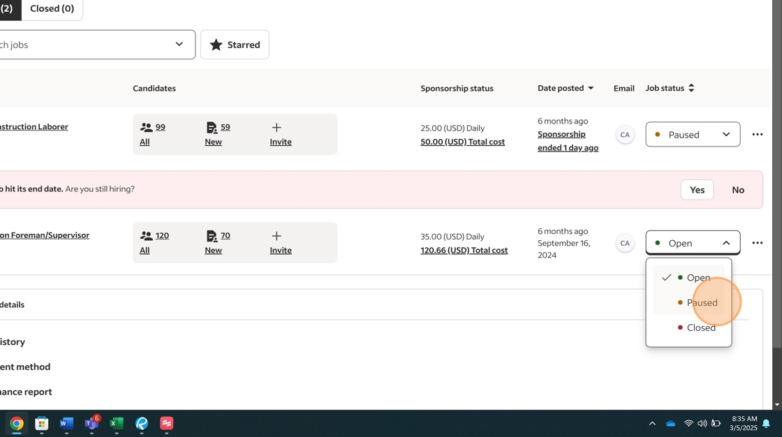 Screenshot showing Open dropdown menu expanded with Pause option visible