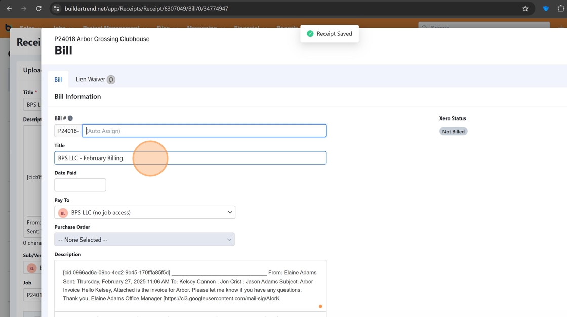 Screenshot showing bill number field