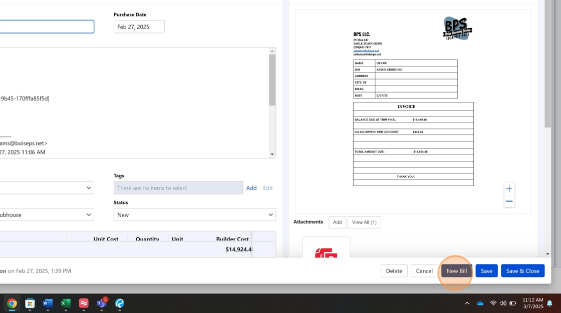 Screenshot showing New Bill button