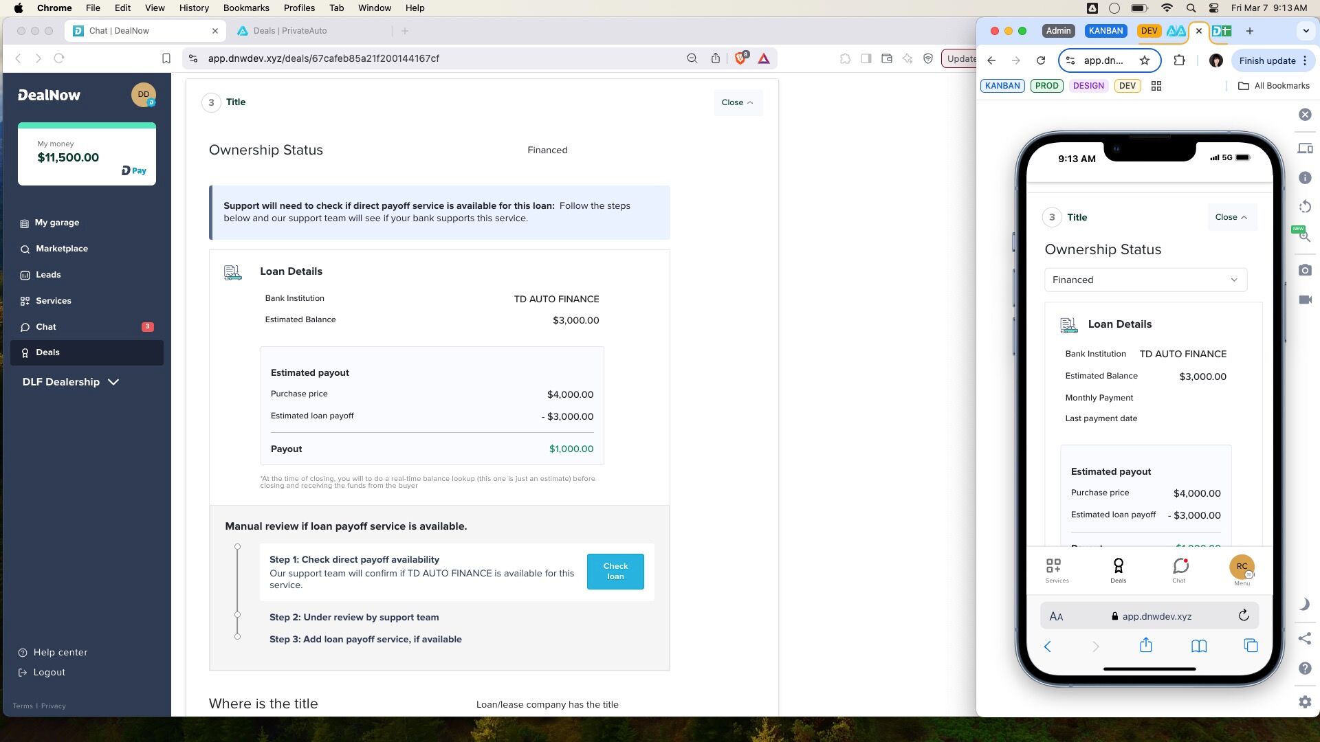 Desktop view of Loan Details showing TD Auto Finance with a $3,000 estimated balance and a $1,000 payout. A blue ‘Check loan’ button appears for confirming loan payoff availability.
