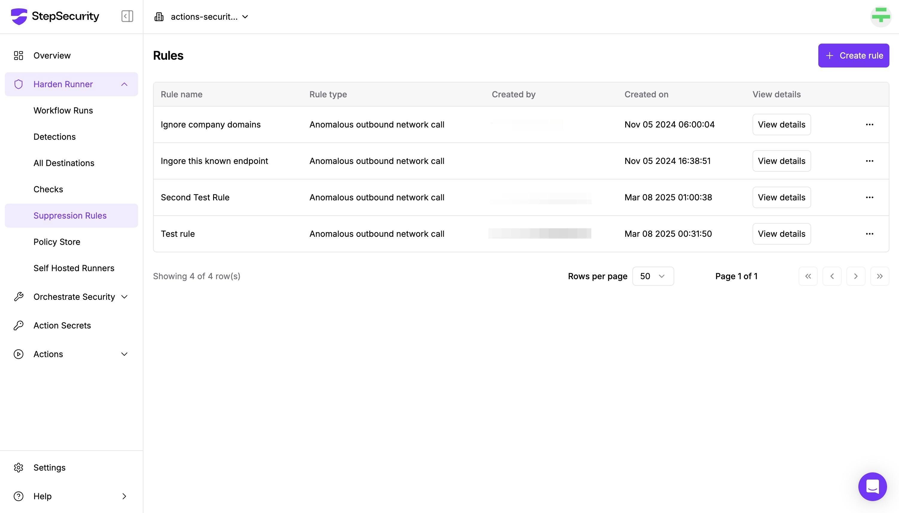 StepSecurity Suppression Rules page showing the list of rules