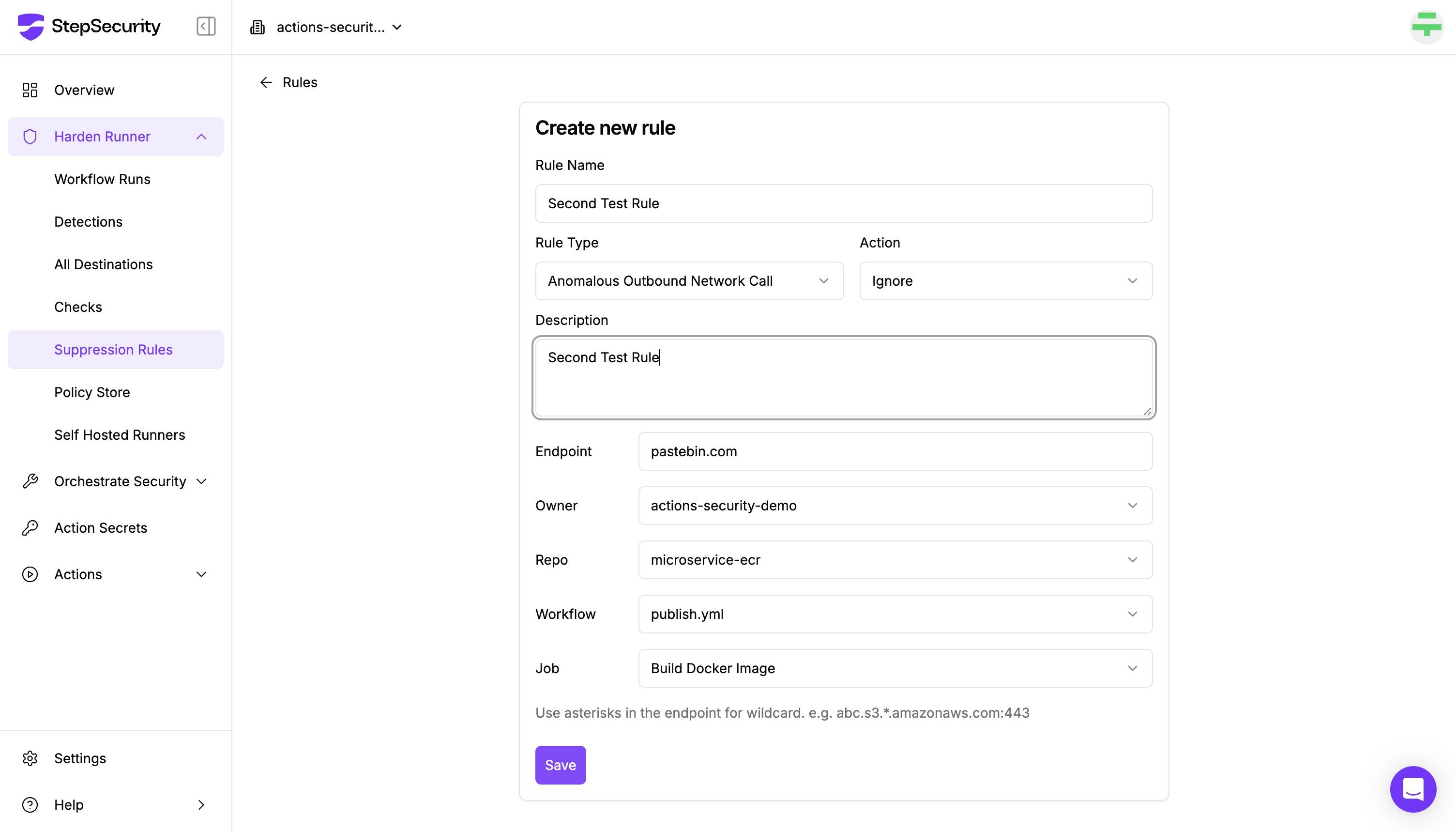 StepSecurity Suppression Rules page showing how to create a new rule