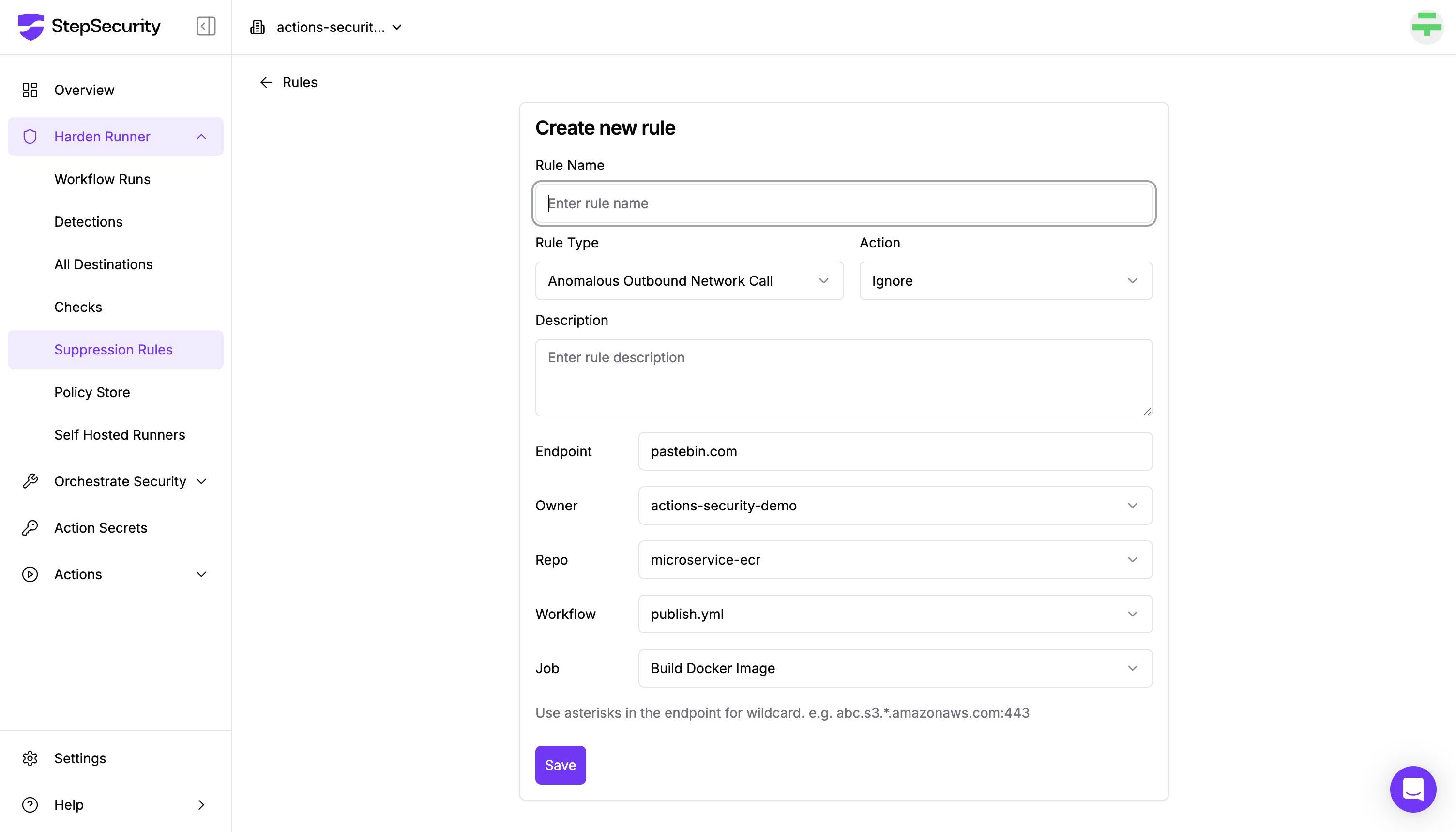 StepSecurity Suppression Rules page showing how to create a new rule