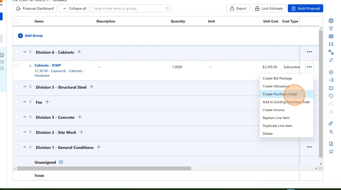 Screenshot showing the Create Purchase Order option