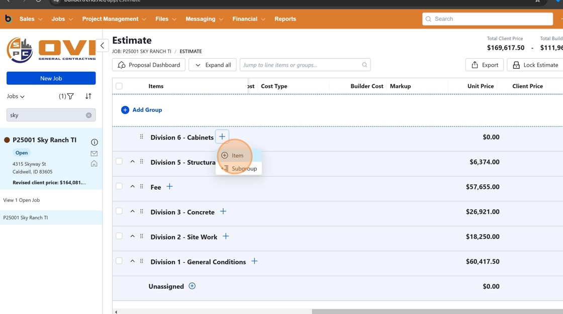 Screenshot showing the + Item button